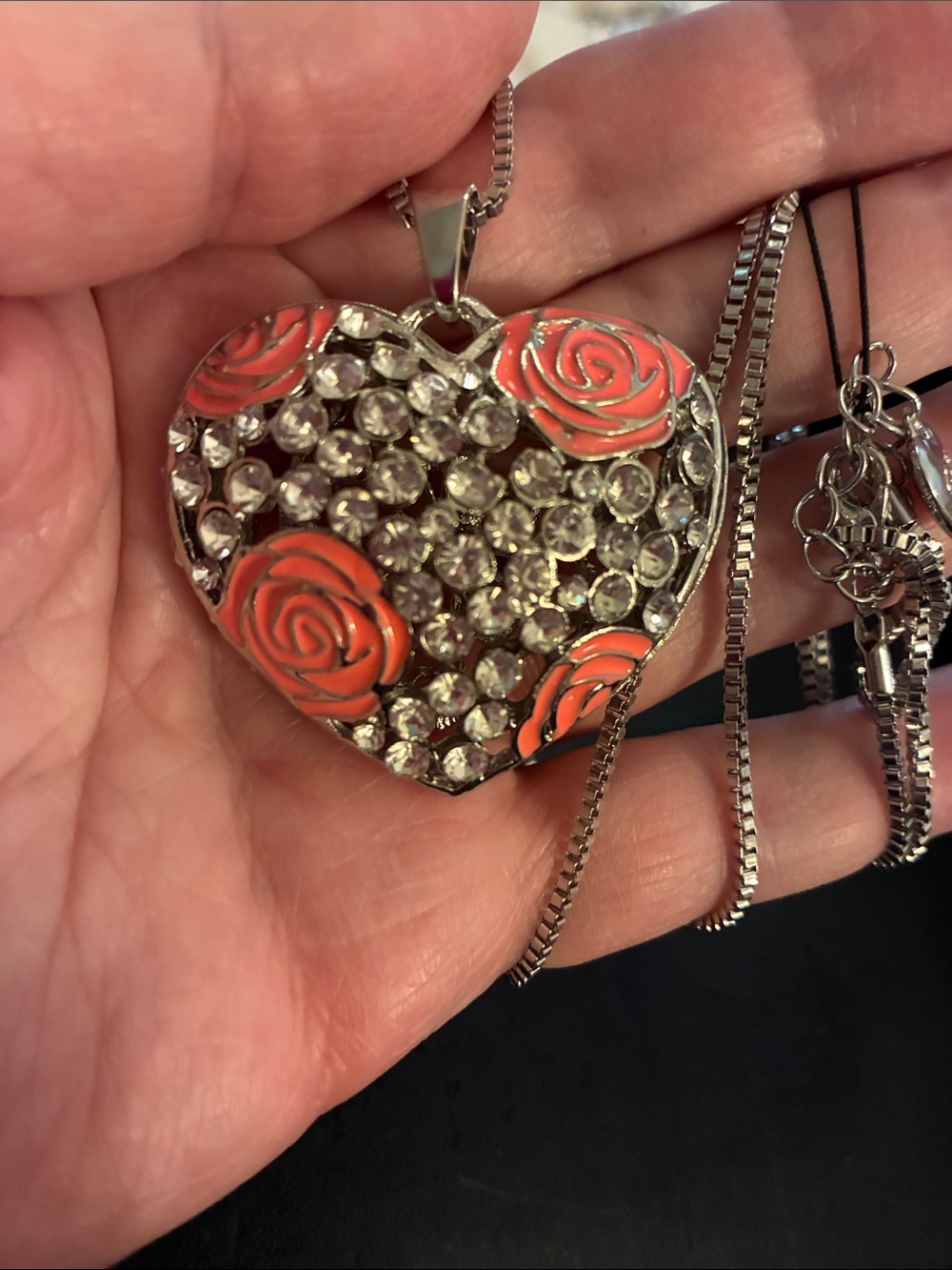Coral Rose Crystal Heart Pendant Necklace